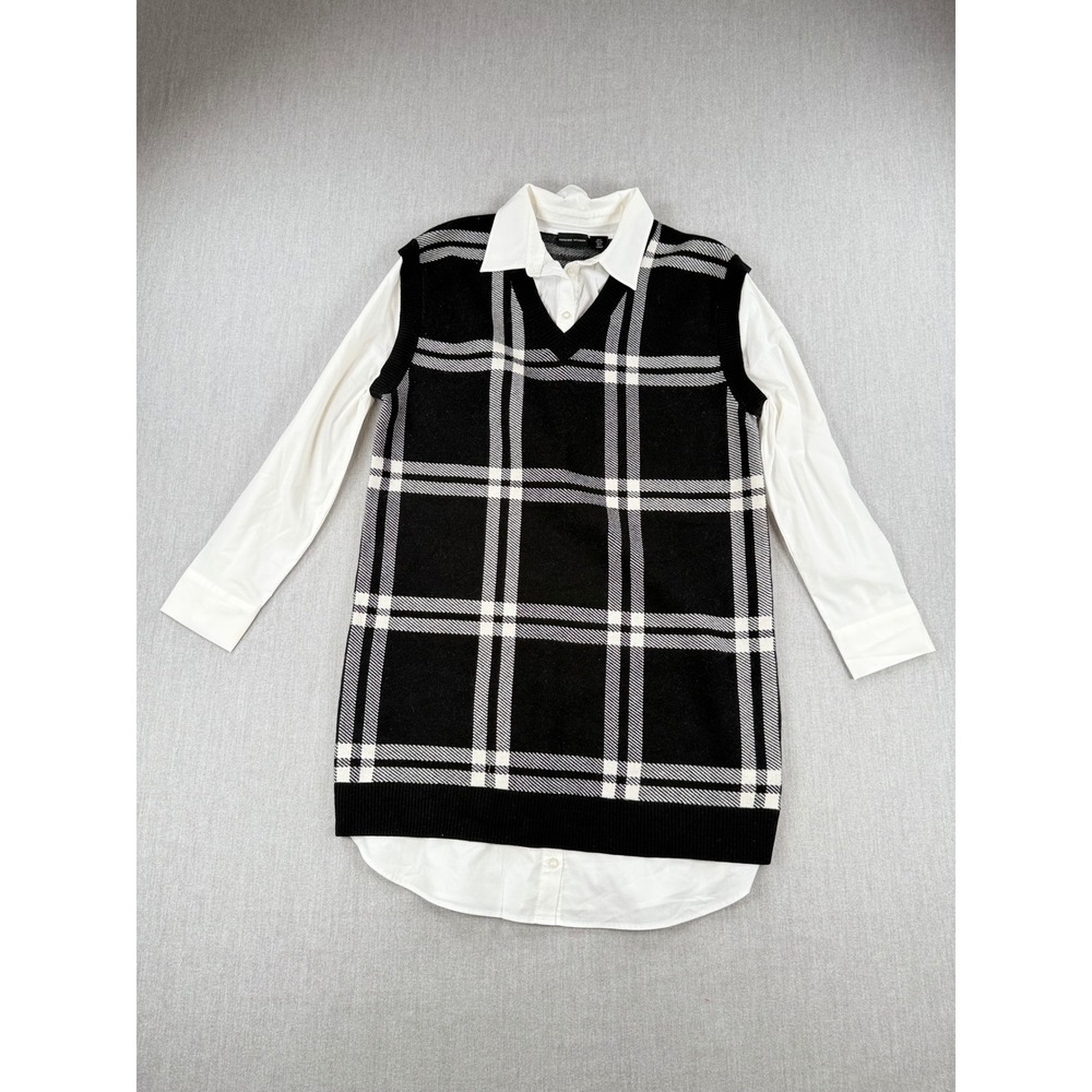 Adrienne Vittadini Womens Black White Plaid Sweater Vest Shirt Dress L